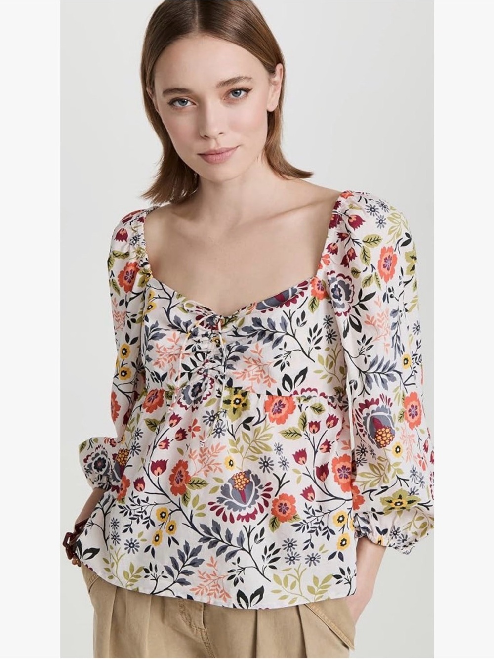 Velvet Stass Floral Square-Neck Peasant Blouse, M